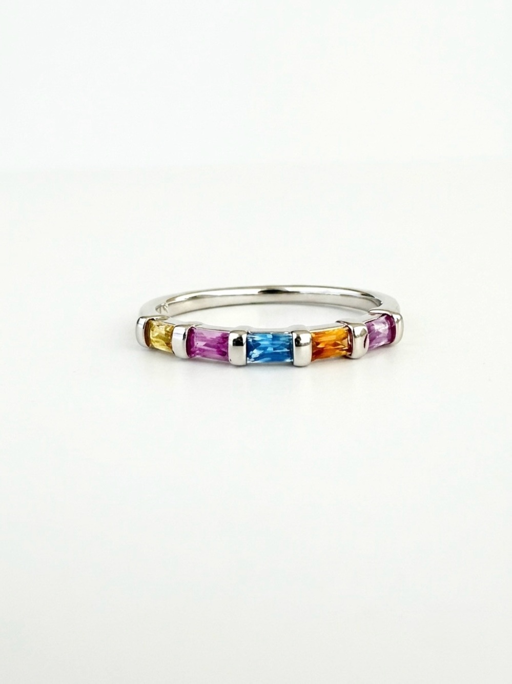 Platinum Plated Multicolor Baguette Crystal Ring | Silver Stackable Band Ring - Picture 4 of 7